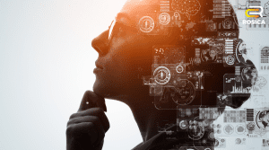 Woman with glasses thinking with AI graphics surrounding head.